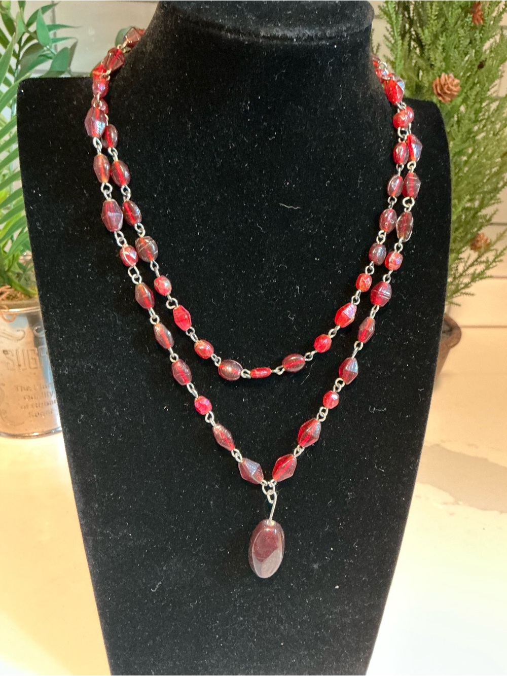 Red Beaded Double Strand Necklace with Pendant - Women Jewelry